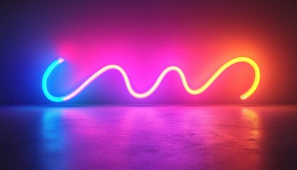 Aufkleber - Abstract Neon Light Shape with Vibrant Pink Orange and Blue Hue Against a Dark Wall and Reflective Floor Creates a Modern Futuristic and Electrifying Backdrop