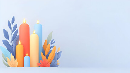 Poster - Colorful Candles With Leaves on Light Background for Celebration