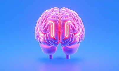 Poster - Glowing Brain with Holographic Lamps and Sketch Elements on Blue Background