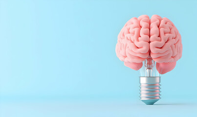 Poster - Glowing Brain Hologram with Lamp Design on Blue Background