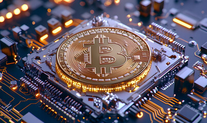 Poster - Golden Bitcoin Symbol on Circuit Board with Detailed Technology Background