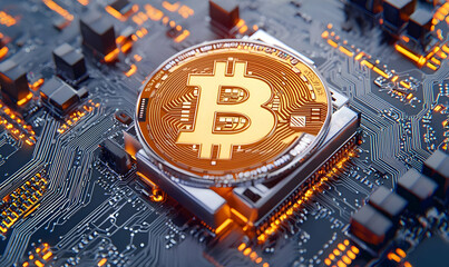 Poster - Golden Cryptocurrency Symbol on Circuit Board with Digital Elements