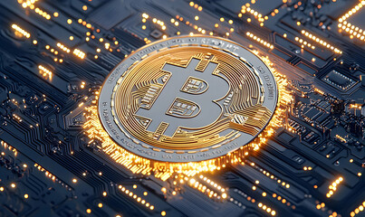 Poster - Golden Bitcoin Symbol on Circuit Board with Bright Lights