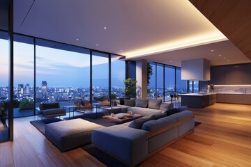 Poster - Contemporary living room design urban apartment interior photography modern environment corner view minimalistic sophistication