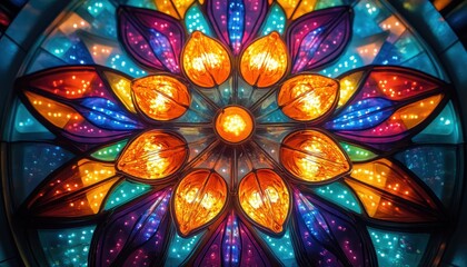 Aufkleber - Colorful Stained Glass Window Art with Floral Pattern and Geometric Design in Orange Purple and Blue Hues