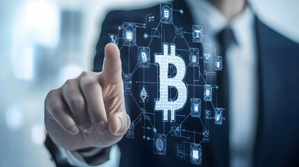 Poster - Hand Pointing at Blockchain Concept with Digital Graphics Display