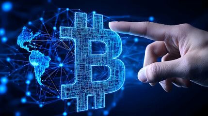 Poster - Hand Pointing at Digital Blockchain Concept with Data Visualization