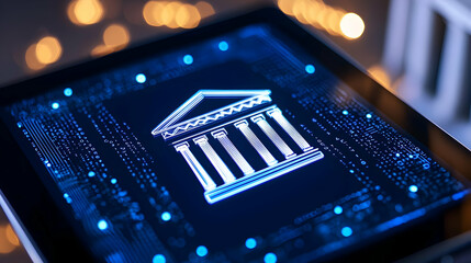 Poster - Holographic Digital Banking Icon Displayed on a Tablet Screen
