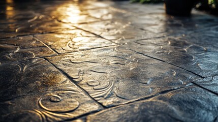 Fototapete - Detailed Patterned Stone Floor Tiles Shimmering With Moisture Elegant Decorative Surface Featuring Floral Designs in Soft Light and Natural Textures Outdoor
