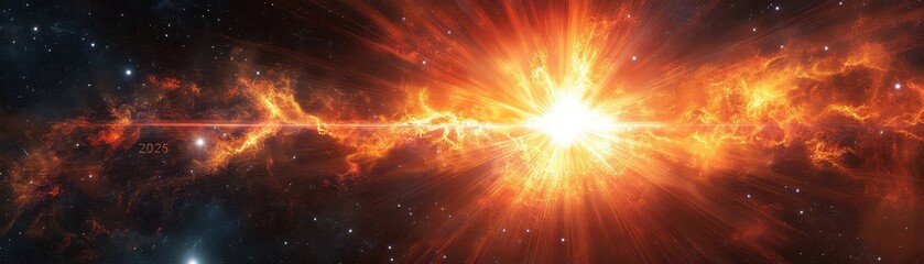 Poster - Dramatic Galaxy Starfield in Deep Space with Exploding Orange Nebula Light Cosmic Dust Clouds and Glittering Star Clusters on Black Background