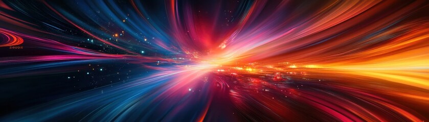Poster - Dynamic Light Streaks in Abstract Blue Orange Red Background with Motion Blur for Futuristic Technology or Energy Concept