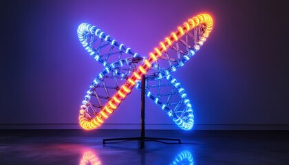 Poster - Dynamic X Shape LED Sculpture with Red and Blue Illumination on Dark Background Modern Geometric Art Design and Symmetrical Structure in a Studio Setting