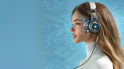 Poster - AI Concept Art with a Young Woman Using Headphones and Technology