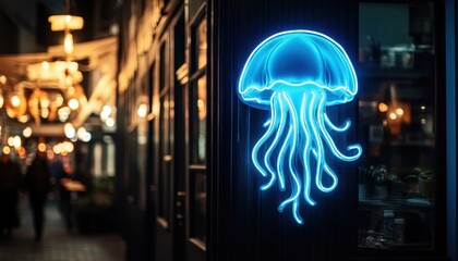 Aufkleber - Glowing Blue Neon Jellyfish Sign at Night Urban Street Decor Illuminating Building Facade Entrance