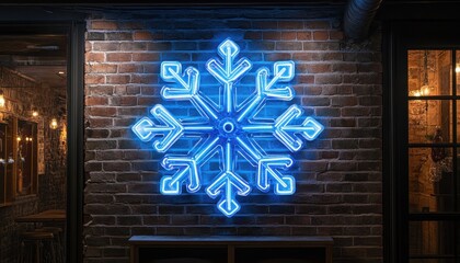 Aufkleber - Glowing Blue Neon Snowflake Sign on Exposed Brick Wall with Festive Winter Holiday Celebration Atmosphere Creating a Cool Modern Decorative Effect at Night