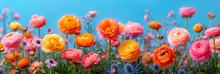 Poster - Colorful ranunculus flowers bloom in a vibrant garden under a clear blue sky during springtime