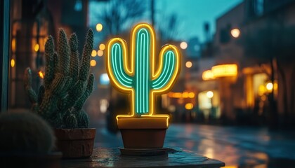 Aufkleber - Glowing Neon Cactus Sign Displayed on a Table in Urban City Night Scene with Blurred Background of Building and Street Lights Creating a Vibrant and Inviting Atmosphere