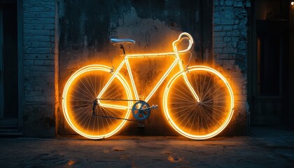 Aufkleber - Glowing Neon Bicycle Art Installation Against Brick Wall in Dimly Lit Urban Environment at Night