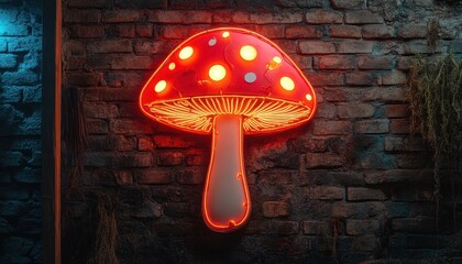 Aufkleber - Glowing Red Neon Mushroom Sign on a Textured Brick Wall at Night Illuminating an Urban Scene with Bright Spotlights and a Decorative Backdrop