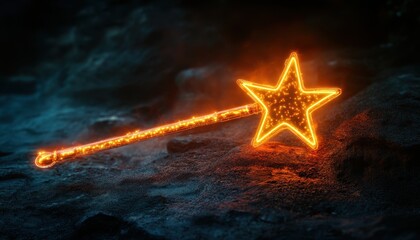 Poster - Glowing Star Wand on a Textured Surface Under Dim Lighting and Magic Sparkle with Star Shaped Head and Decorative Ornaments