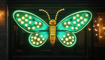 Aufkleber - Glowing Turquoise Butterfly with Golden Accents on Window Display with Warm Lighting Accenting the Facade Decoration in Urban Setting