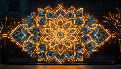 Poster - Golden Floral Light Display on City Street at Night Festive Illumination with Ornate and Geometric Details for Celebration and Seasonal Decoration