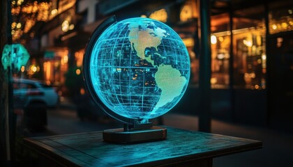 Aufkleber - Holographic Globe Displayed on Table at Night with Cityscape Background Featuring Futuristic Earth Technology and Global Communication in Dimly Lit Street Setting