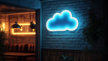 Aufkleber - Illuminated Blue Neon Cloud Sign on Brick Wall at Night with Ambient Interior Lighting and Dark Exterior Scene