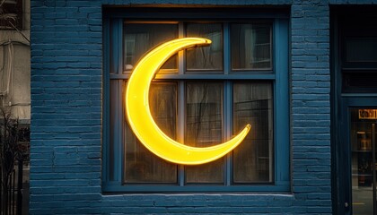 Aufkleber - Illuminated Crescent Moon Neon Sign in Blue Brick Wall Window at Night Decorative Window with Glowing Yellow Moon Casting a Warm Urban Exterior Architecture