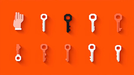 Poster - Hands Holding Key Icons for Success Illustration on Orange Background