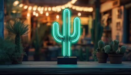 Aufkleber - Illuminated Green Neon Cactus Sign on Wooden Tabletop at Night with Potted Plants and Soft Bokeh Lights in the Background Decoration Interior