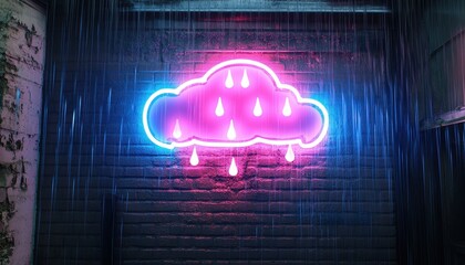 Poster - Illuminated Neon Cloud Sign Displayed on a Brick Wall with Raindrops Falling in a Dimly Lit Setting Featuring a Pink and Blue Palette