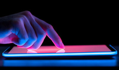 Poster - Male Finger Gently Tapping on a Screen with Sleek Design in Neon Glow