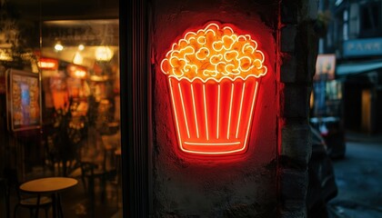 Aufkleber - Illuminated Popcorn Neon Sign on Brick Wall at Night Urban Setting in Evening Light Conceptual Food and Entertainment Signage Glowing Brightly at Cinema Facade
