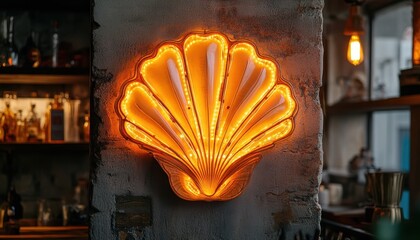 Aufkleber - Illuminated Seashell Neon Sign On Textured Wall In Interior Space Creates Warm Lighting With Shelves And Bottles In Blurred Background