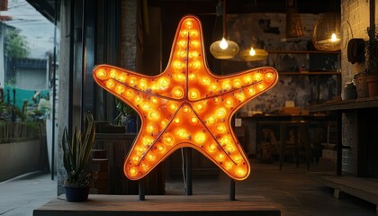 Aufkleber - Illuminated Starfish Decoration with Warm Light in Indoor Setting Against a Rustic Wall Background Creating a Festive and Inviting Atmosphere in a Cafe or Restaurant