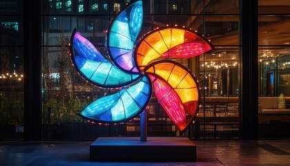 Poster - Illuminated Windmill Decoration with Blue Yellow and Red Petals against Night Cityscape with Shiny Reflections in an Urban Setting with Modern Architectural Backdrop
