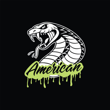 The t-shirt design features a fierce, coiled cobra in black and white