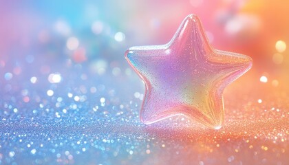 Fototapete - Iridescent Star Sparkling with Glitter on a Soft Gradient Background with Bokeh Effects Creates a Dreamy and Festive Ambiance Suitable for Holiday Celebrations