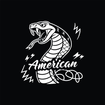 The t-shirt design features a fierce, coiled cobra in black and white
