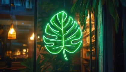 Aufkleber - Monstera Leaf Neon Sign Glowing Brightly Behind Glass at Night Framed by Tropical Foliage in a Dimly Lit Interior Creates A Vibrant and Eye Catching Indoor Scene