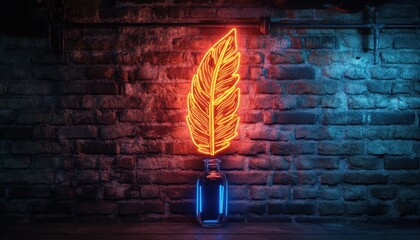Poster - Orange Feather Neon Light on Brick Wall with Blue Glowing Bottle Creates a Retro and Futuristic Ambiance with Vibrant Colors and Decorative Artistic Elements