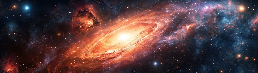 Poster - Panoramic View Of A Spiral Galaxy Glowing With Orange And Blue Hues Amidst A Starry Night Sky Creating A Cosmic Abstract Background With A Sense Of Infinite Space And Wonder
