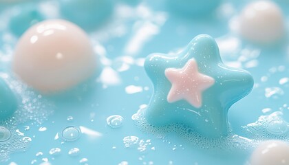 Poster - Pastel Blue Star and Spheres in Water Droplets Close Up Sweet Festive Background with Sparkling Bubbles for Holiday Decoration and Artistic Design
