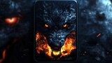 Fiery wolf phone wallpaper, dark background, fantasy art