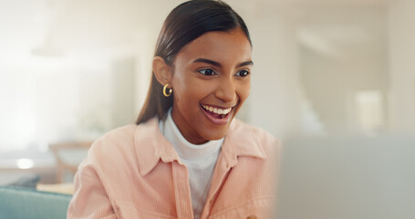 Poster - Home, success and woman with laptop, reading and celebration for results of exam, student and online. Excited, happy and Indian person with smile for achievement, education and review of website