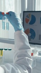 Aufkleber - In a modern lab, a dedicated scientist in a white coat examines vaccine samples in glass test tubes while monitoring key data on a nearby computer, highlighting advancements in healthcare research