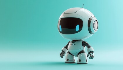 Aufkleber - White Round Robot Character with Black Screen and Blue Eyes on Turquoise Background Studio Lighting and Pixelated Detail