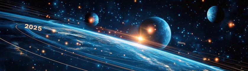 Poster - Abstract Digital Render of Planets Orbiting a Starry Axis in Deep Space with Data Connections and Glowing Lights Under Dramatic Night Sky
