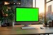 © VibrantLens - Desktop computer with green screen in a modern office setting, illuminated by evening sunlight.